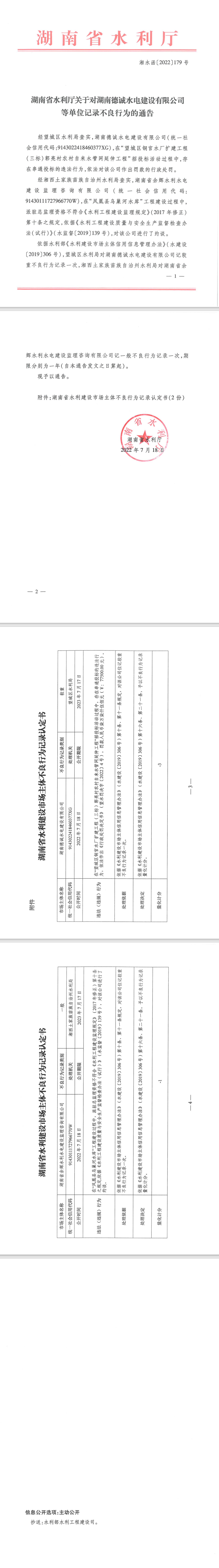 湖南省水利厅关于对湖南德诚水电建设有限公司等单位记录不良行为的通告——湘水函[2022]179号.png